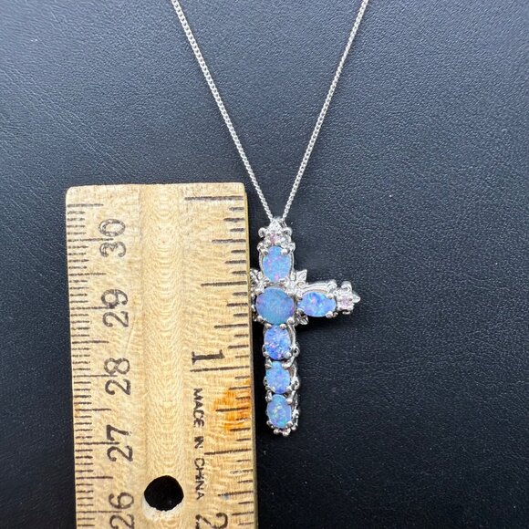 Ethiopian Opal Cross Pendant Necklace Sterling Silver 19 1/2" Chain - Picture 9 of 11